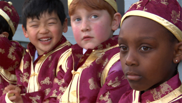 Durrell Laury and kindergarten pals in Chinese clothes -- (Photo credit: Marcia Jarmel)