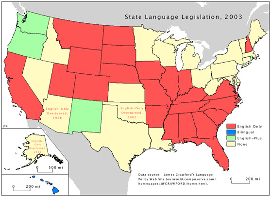 US Map showing English-only legislation by state