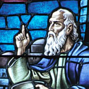 A stained glass drawing of Socrates.