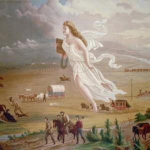 An illustration of the westward expansion showing people riding carriages and horses and there's a woman in white flying above.