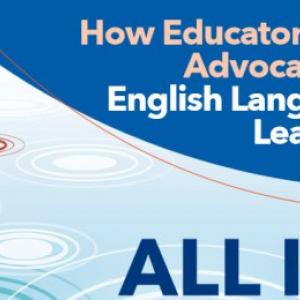 blue and white cover of "All In! How Educators Can Advocate for English Language Learners"