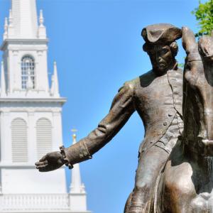 Paul Revere statue with Old North Church behind it.