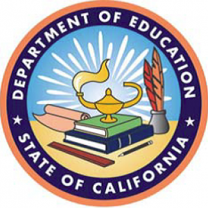 Department of Education, State of California seal showing books, quill pens, a lap, and paper.