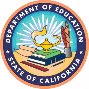 Department of Education, State of California seal showing books, quill pens, a lap, and paper
