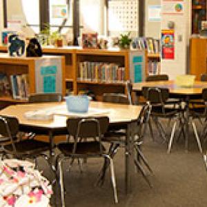 Wide shot of a classroom.