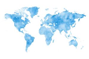 World map in blue watercolor