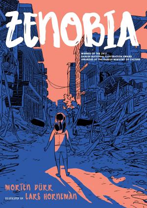 Blue and pink illustration of a girl standing among rubble.