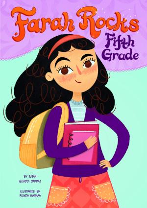 Drawing of young, smiling, dark-haired girl with a backpack and book.