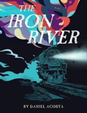 A painting of a train steaming along a track