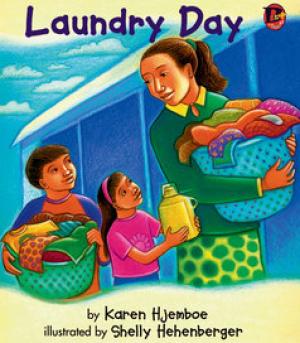 Young children help mother at laundromat