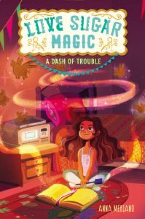 A girl sits in front of a book that magic swirls around