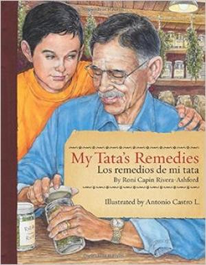 Illustration of boy and grandfather mixing medicine