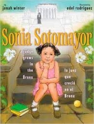 Illustration of young Sonia Sotomayor sitting on steps