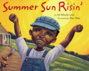 Young boy in front of a rising sun on the farm