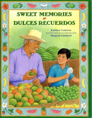Illustration of a boy and his grandfather choosing fruit at a market