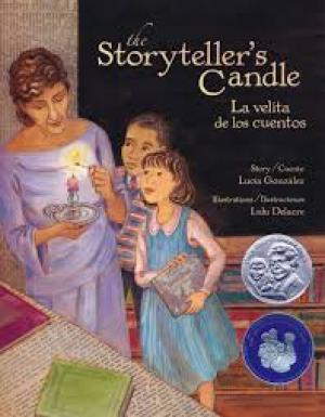 Painting of Pura Belpre telling children a story by candlelight