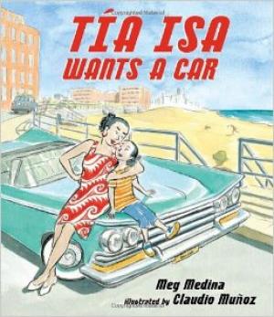 Illustration of woman hugging a child sitting on a classic car near the beach