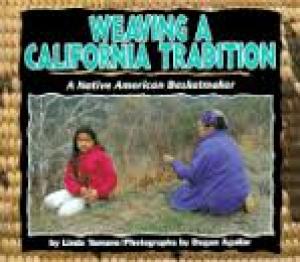 Young girl weaving with relative