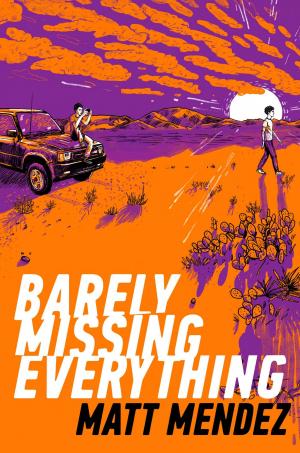Purple and orange illustration of two boys and a car in the desert.