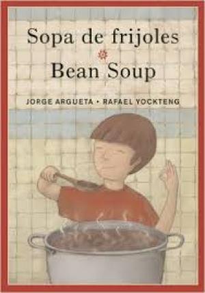 Illustration of a young boy cooking bean soup