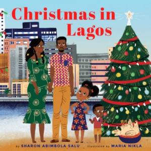 Illustration of a Nigerian family and a Christmas tree