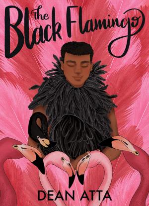 A boy dressed in black feathers holding a black flamingo and surrounded by pink flamingos.
