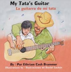 Illustration of grandfather teaching grandson to play guitar