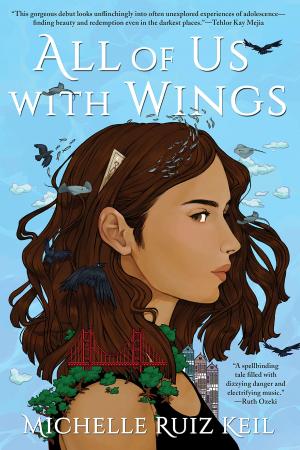 Illustration of girl with birds, bridges, houses, and fish in her hair.