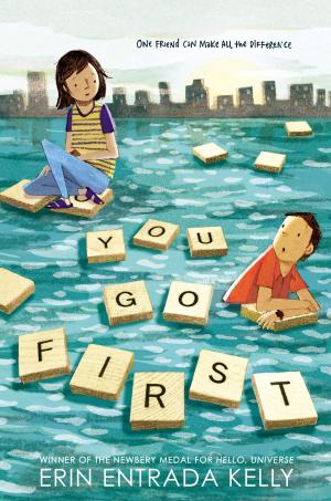 Two kids floating on Scrabble tiles in the water