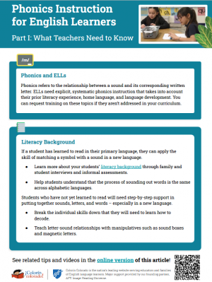 Phonics Instruction for ELLs: Tip Sheet