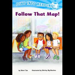 FIve kids on a bus looking at a map.