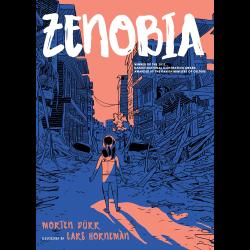 Blue and pink illustration of a girl standing among rubble.