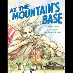 Woman on a mountain holding strings connected to the base of the mountain