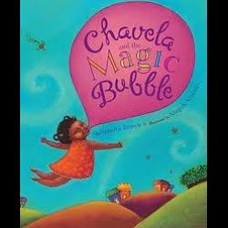 Chavela and the Magic Bubble Girl floating with a giant bubble gum bubble