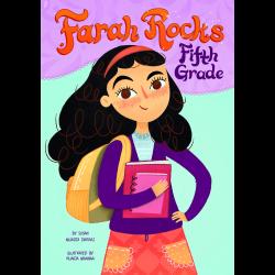 Drawing of young, smiling, dark-haired girl with a backpack and book. Drawing of young, smiling, dark-haired girl with a backpack and book.