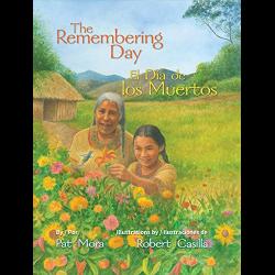 The Remembering Day / El día de los muertos Illustration of girl and grandmother picking flowers