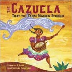 The Cazuela That the Farm Maiden Stirred Illustration of young woman running with bowl and wooden mixing spoon