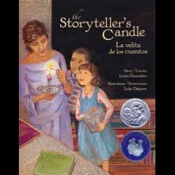 Painting of Pura Belpre telling children a story by candlelight