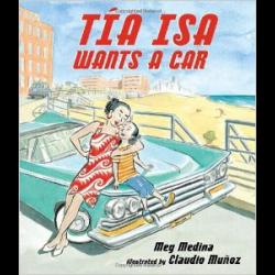 cover of Tía Isa Wants a Car Illustration of woman hugging a child sitting on a classic car near the beach