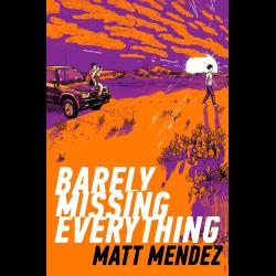 Purple and orange illustration of two boys and a car in the desert.