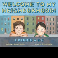 Illustration of two children in front of city buildings