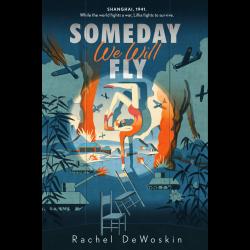 A drawing of an acrobat balancing on two chairs with tanks and planes behind her.