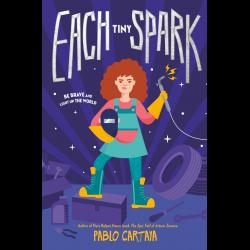 Each Tiny Spark Illustration of girl holding welding torch surrounded by tires and toolkits