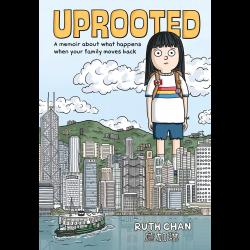 Uprooted Girl standing among skyscrapers