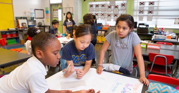 Students working on a poster