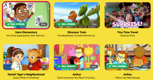 Thumbnails of popular PBS Kids shows