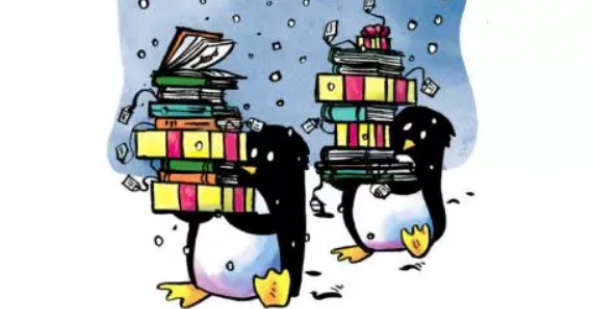 Illustration of penguins carrying books